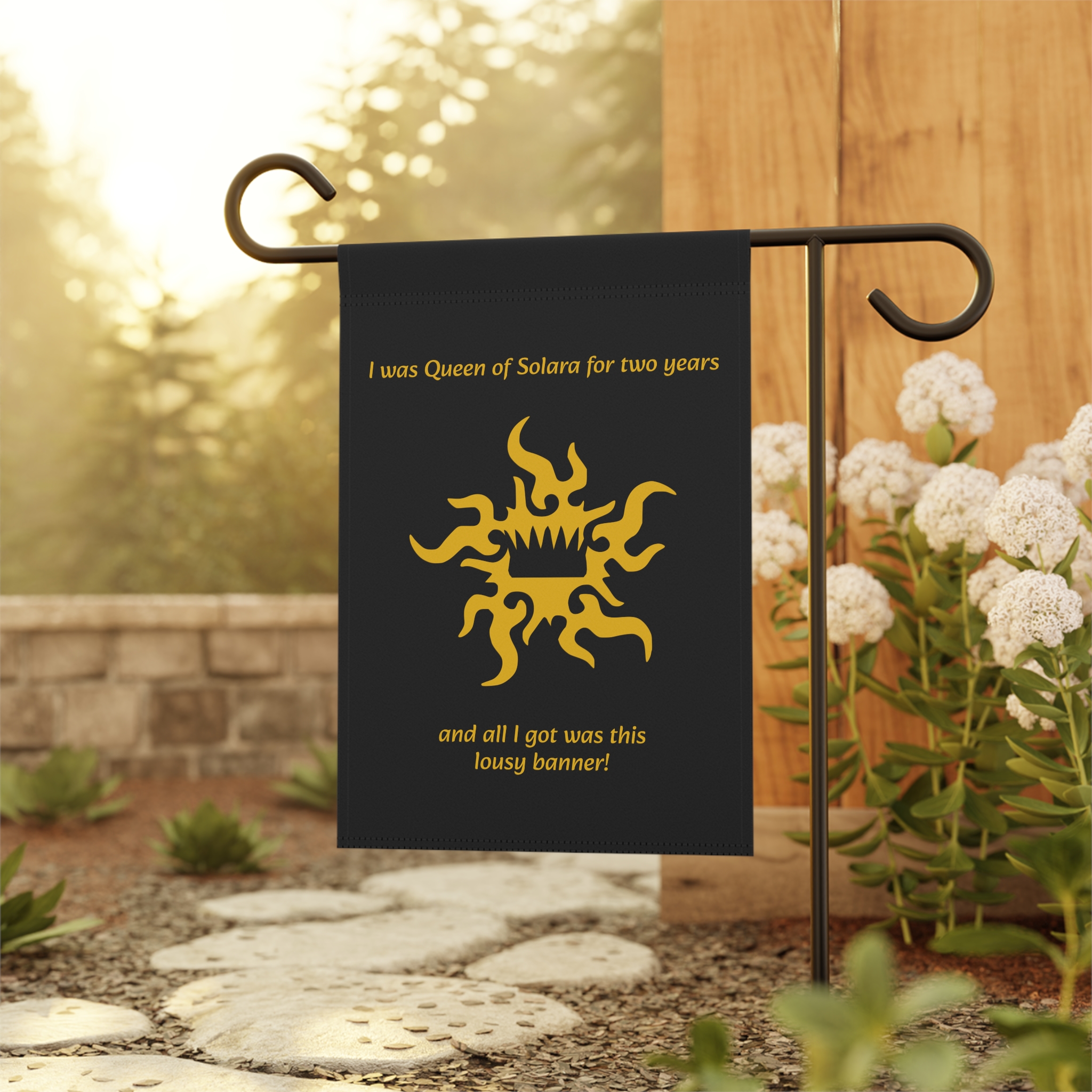 Former Queen of Solara Gold Lettering Camp/Garden Banner